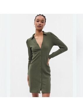 Gap rib polo mini sweater dress deep green size XL modal blend puff sleeve